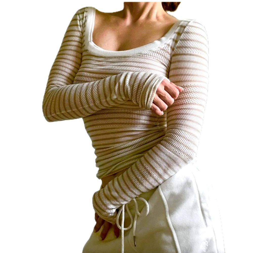 Free People White and Cream Striped Long Sleeve Top